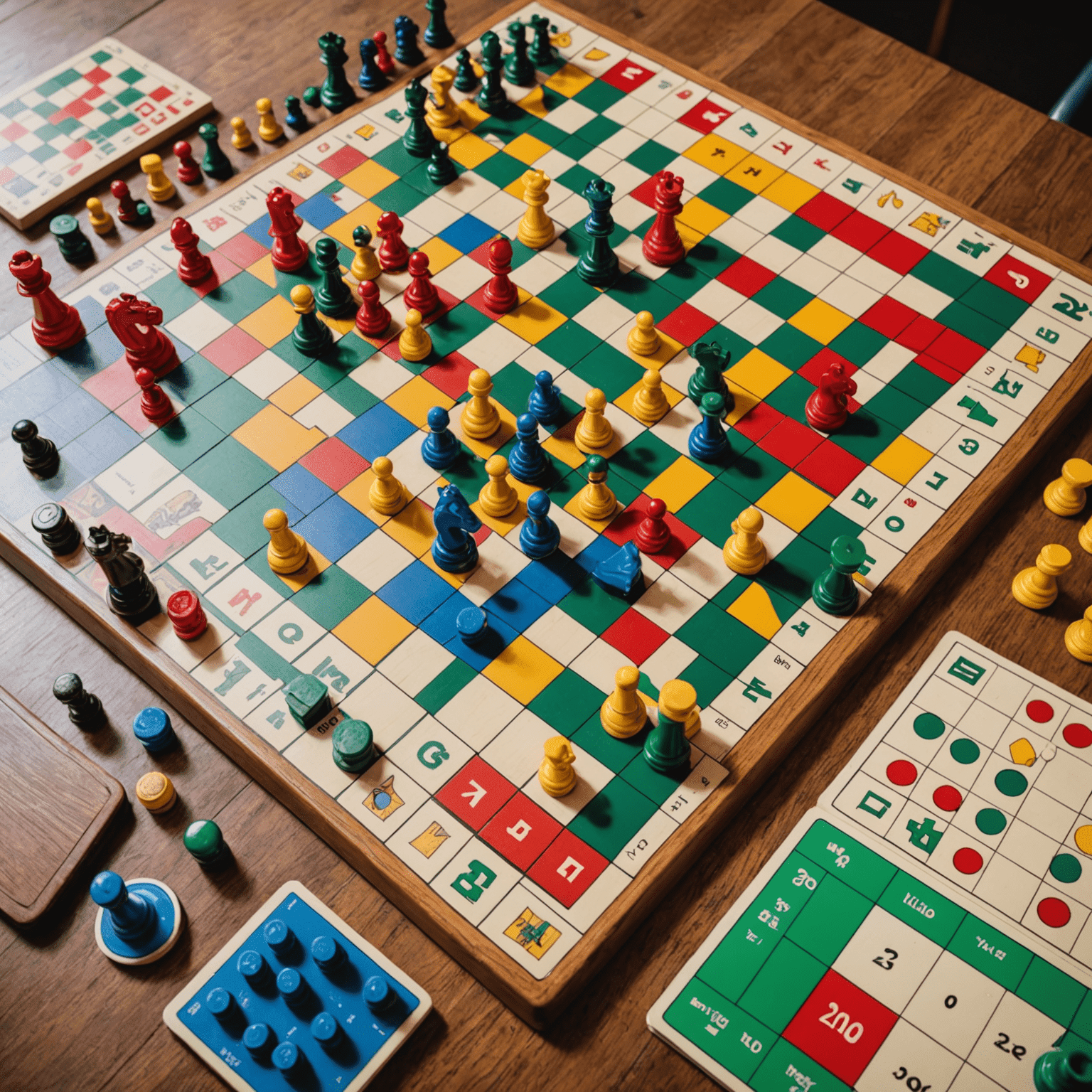 Various educational board games laid out on a table, including chess, Scrabble, and math-based games. The image showcases colorful game pieces and boards designed to engage both children and adults in learning activities.